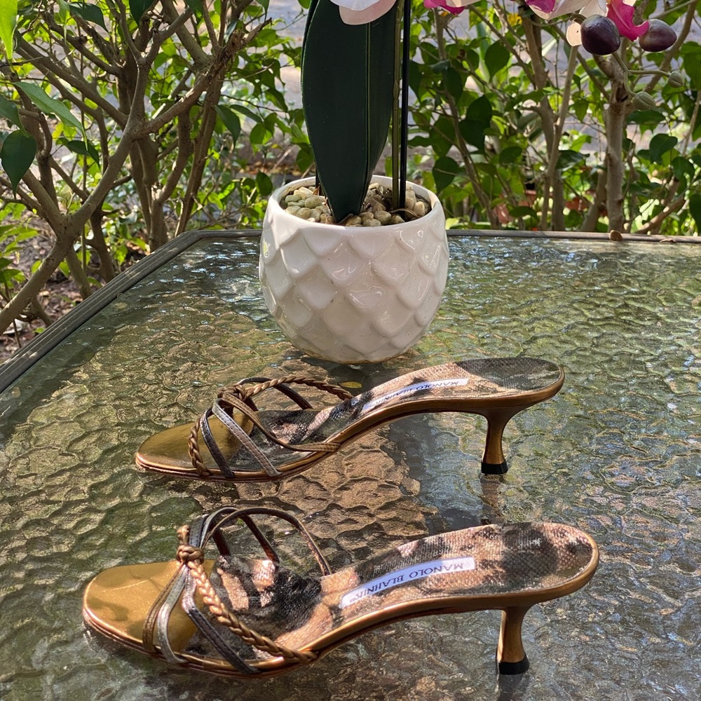 Manolo Blahnik Brown & Gold Strappy Kitten Heels - Picture 3 of 13